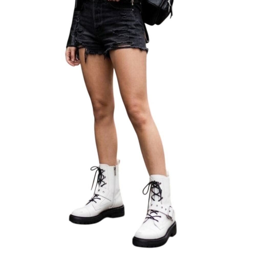 Zara Chunky Combat Boots Size 37 6.5 White Faux Leather Buckle Edgy Punk Gothic